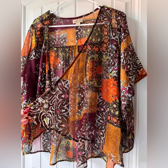 ONE WORLD Multicolor Kimono Boho Rave Festival Flowy Blouse Tunic Drape Sleeve L - Picture 7 of 13